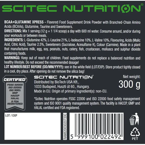 Аминокислоты Scitec Nutrition BCAA+Glutamine Xpress 300 г, изображение 3