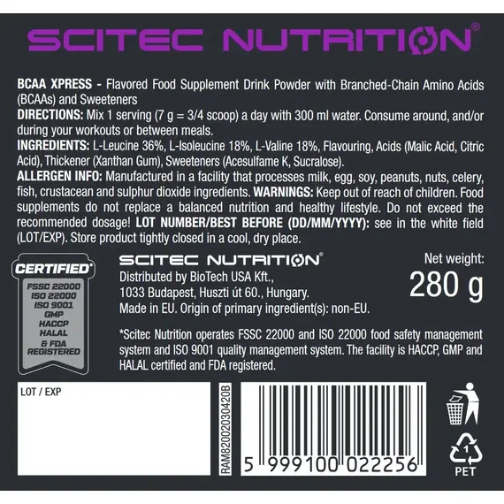 Аминокислоты Scitec Nutrition BCAA Xpress 280 г, изображение 3