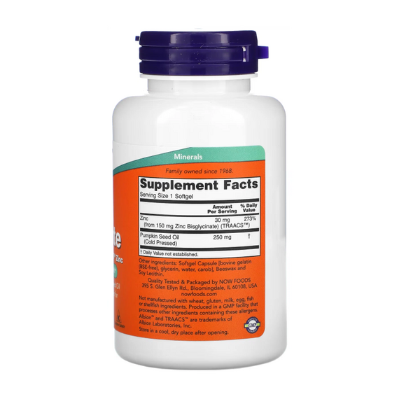 Минерал Zinc Glycinate 30 мг NOW 120 мягких капс, изображение 2