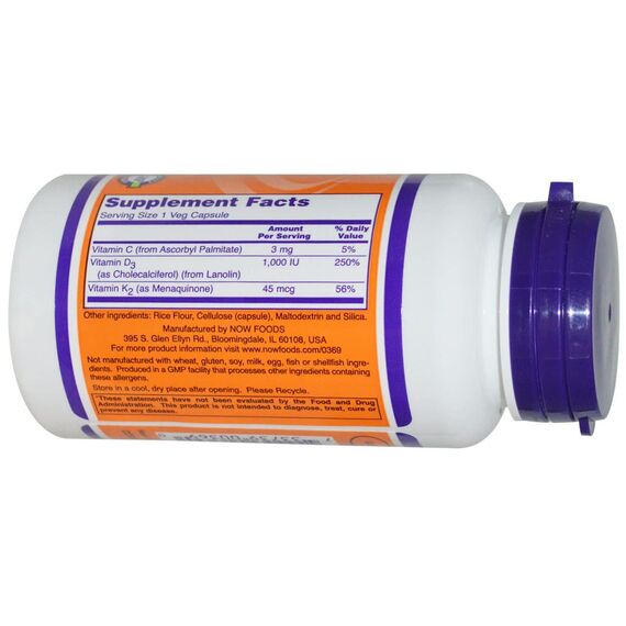 NOW D3+K2 1000 IU 45 mcg 120 capsules, изображение 2