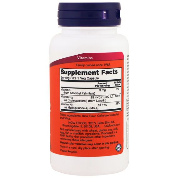 NOW D3+K2 1000 IU 45 mcg 120 capsules, изображение 4