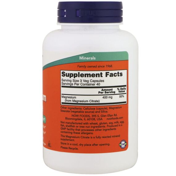 NOW Magnesium Citrate 400 mg 120 veg capsules, изображение 5