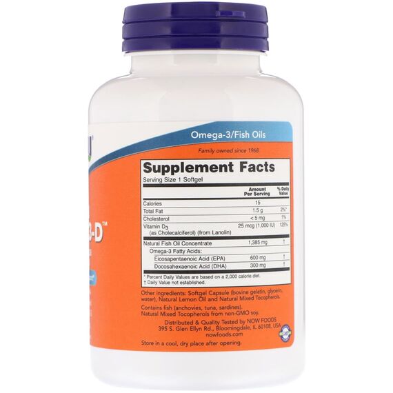 NOW Ultra Omega 3-D 1200 mg + Vitamin D3 1000 IU 90 fish softgels, изображение 3